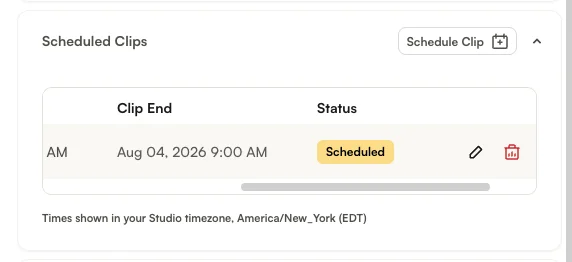 Scheduled ステータスのスケジュール行。行末に編集アイコンと削除アイコンが表示されている