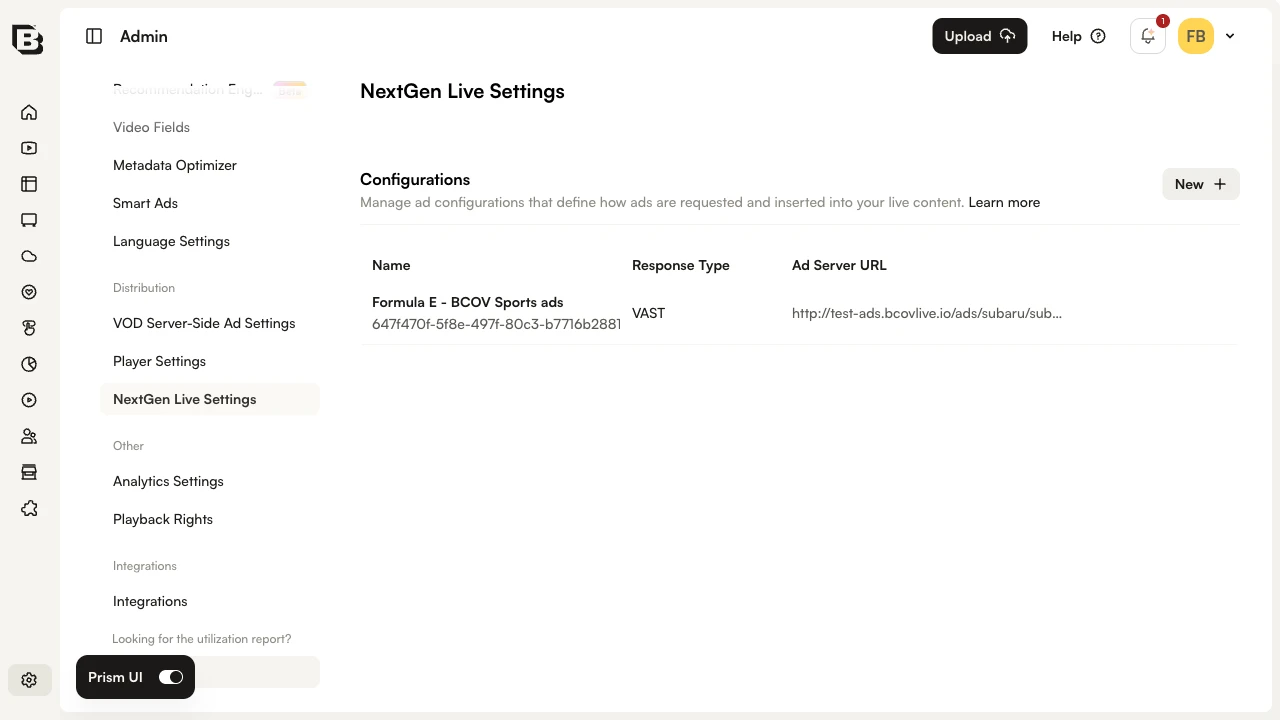 1 つの広告設定が記載された Configurations テーブルを表示する Admin モジュールの NextGen Live Settings