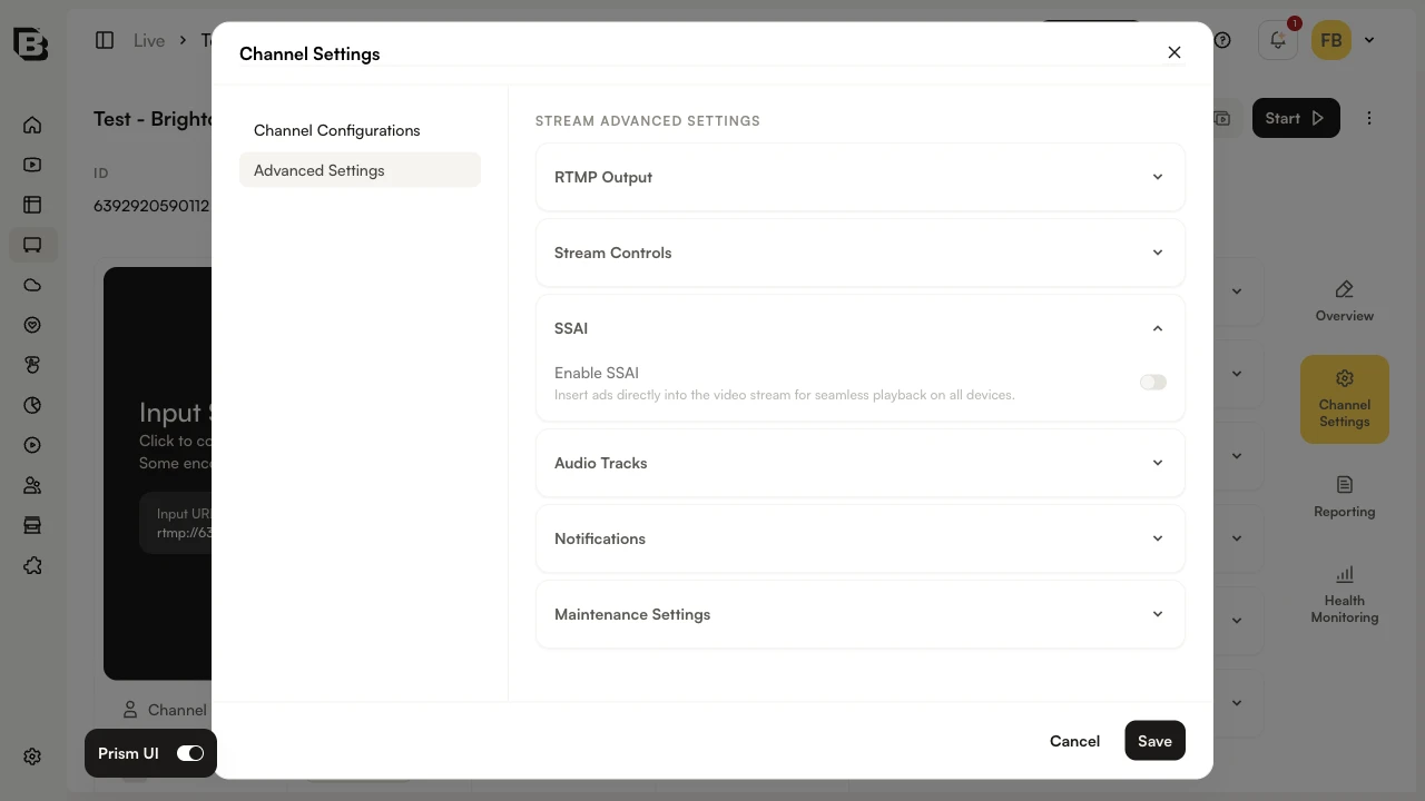 SSAI セクションが表示され、Enable SSAI トグルが無効になっている Channel Settings の Advanced Settings パネル